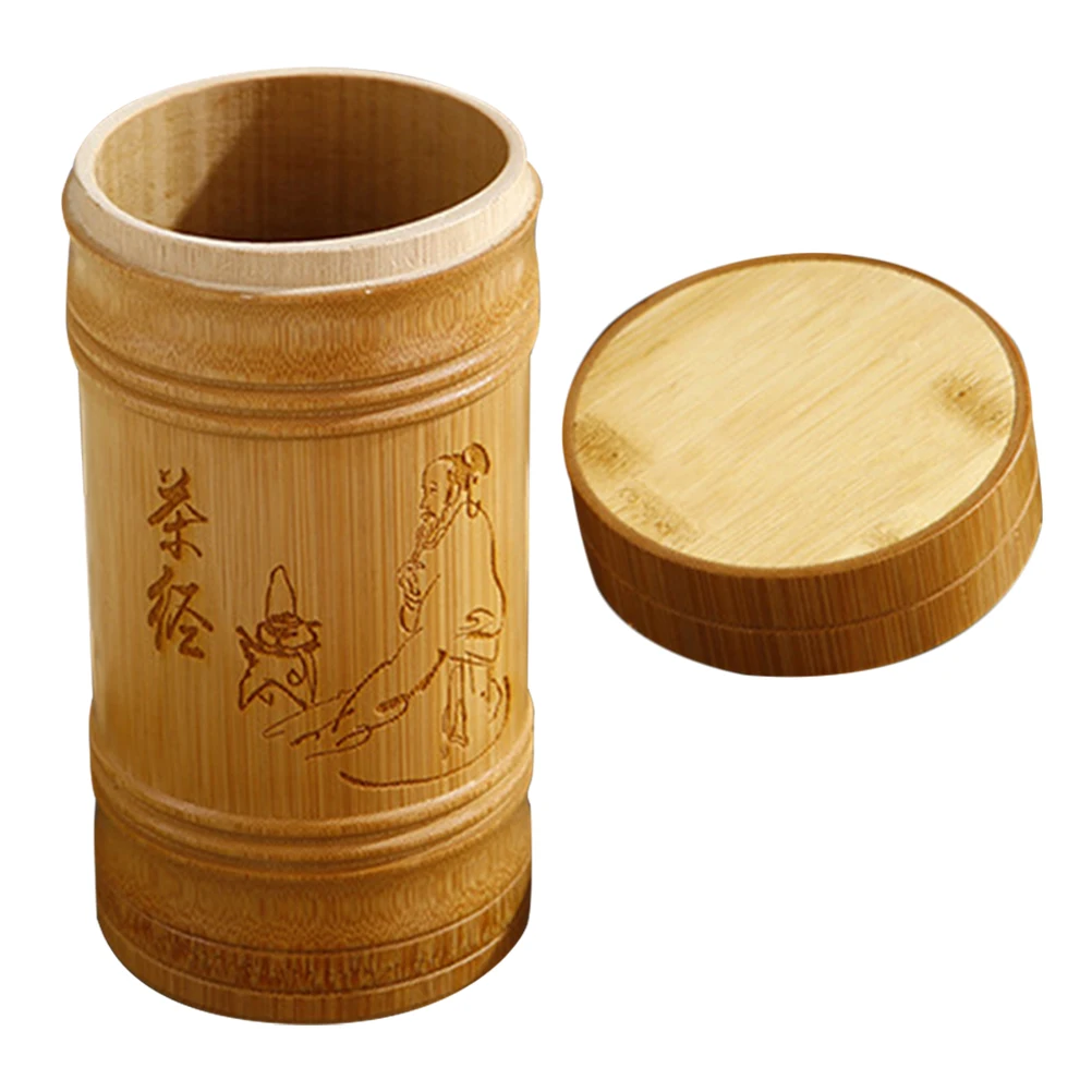 

Flat Bamboo Tea Storage Jars Large Loose Containers Canister Coffee Powder Portable Chinese Carving Sealed Storage Box Tea