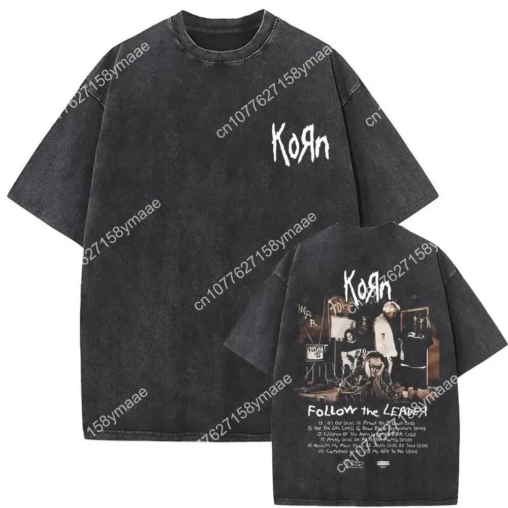 Washed Vintage Rock Band Korn Follow The Leader Double Sided Print Tshirt Rare Nu Metal Music Tees Men Gothic Oversized T Shirt