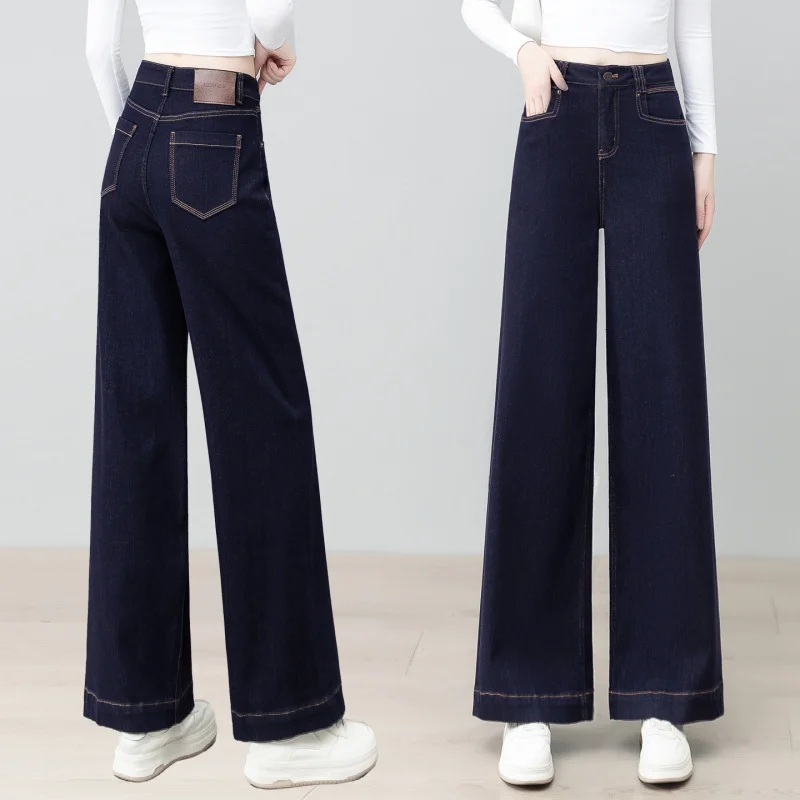 Ciemnoniebieskie modne jeansy damskie, jesienne nowości, wysoki stan, luźne, elastyczne, proste spodnie o szerokich nogawkach dla niskich kobiet, styl casual.
