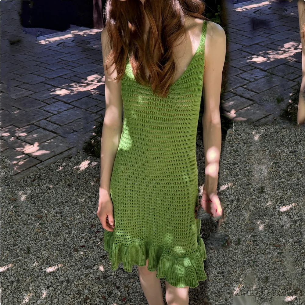 Vacaciones cuello en V profundo ahueca hacia fuera el agujero entrepierna vestido de punto con tirantes mujeres verdes orejas de madera dobladillo con volantes Mini Vestidos bata de mujer amarillo