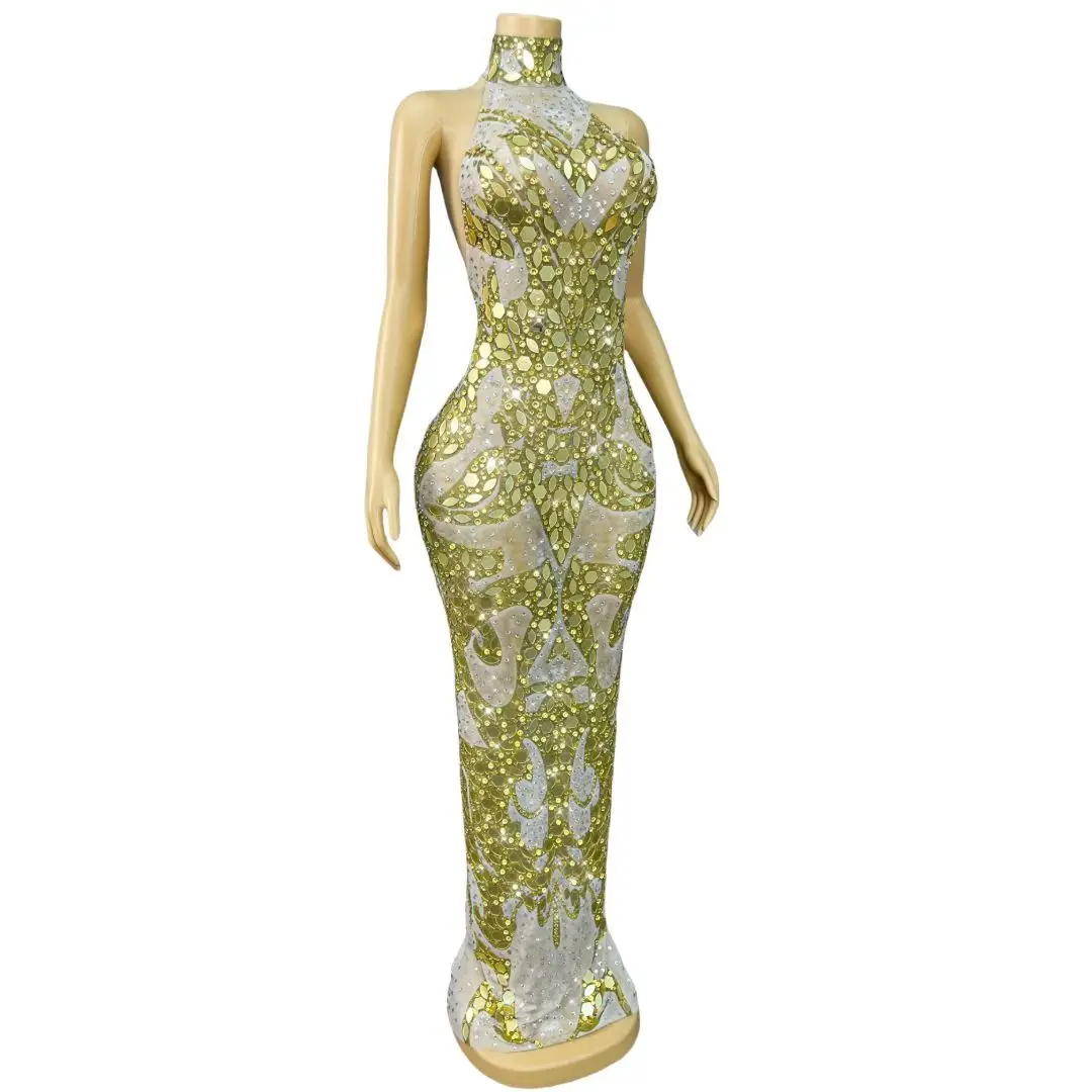 Caihua Luxury Women Long Evening Gown Gold Geometric Mirror Perspective Mesh Dress Sexy Backless Bar Outfit Wedding Party Dress
