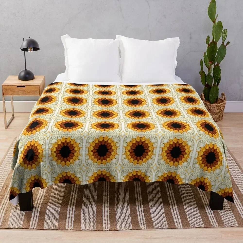 

Sunflower Crochet Granny Square Pattern Throw Blanket Warm Napping Blanket for Office Couch Bed