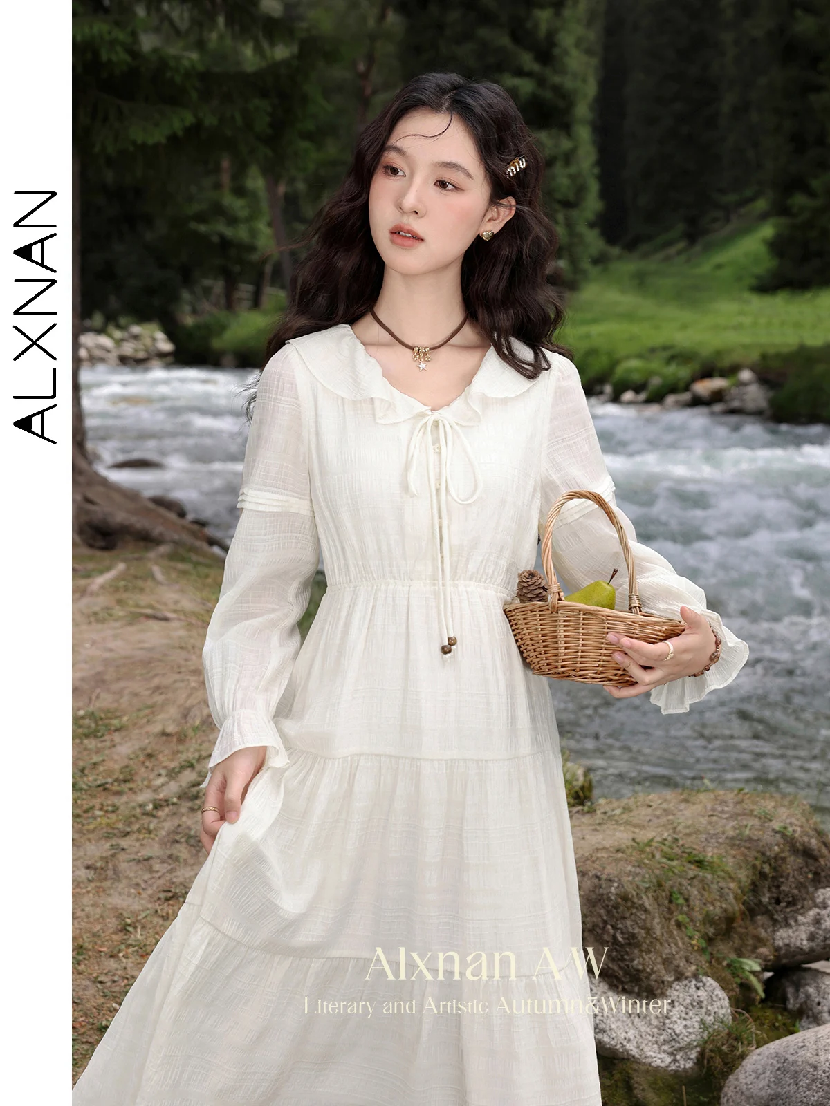 

ALXNAN Women's Vintage Long Dresses Frenchy V-neck Flounced Edge Puff Sleeve 2024 Autumn Female Fashion Gentle Dress L39317