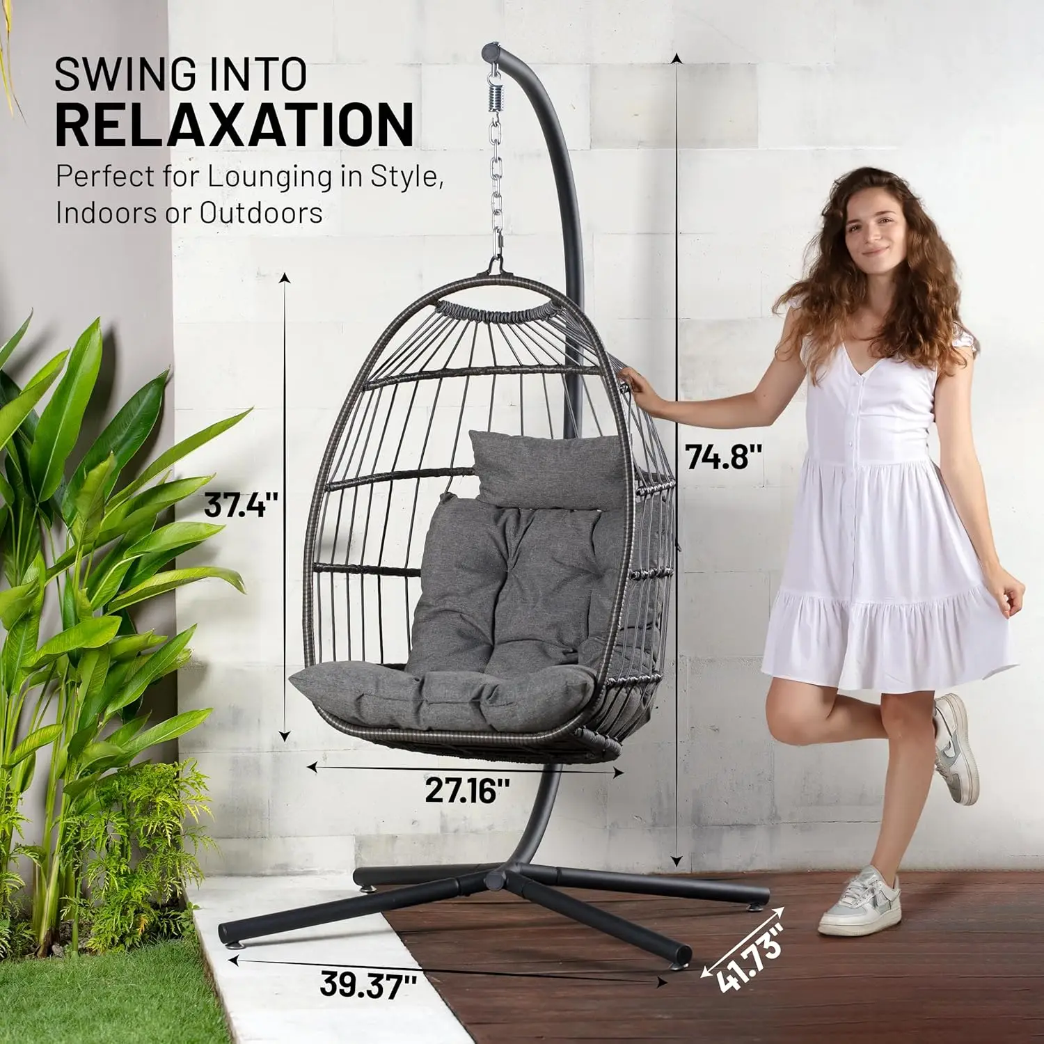 Hanging Egg Chair with Stand Up to 550 lbs of Capacity Beautiful Swinging Basket Chair with Base Made from Wicker Rattan Powder