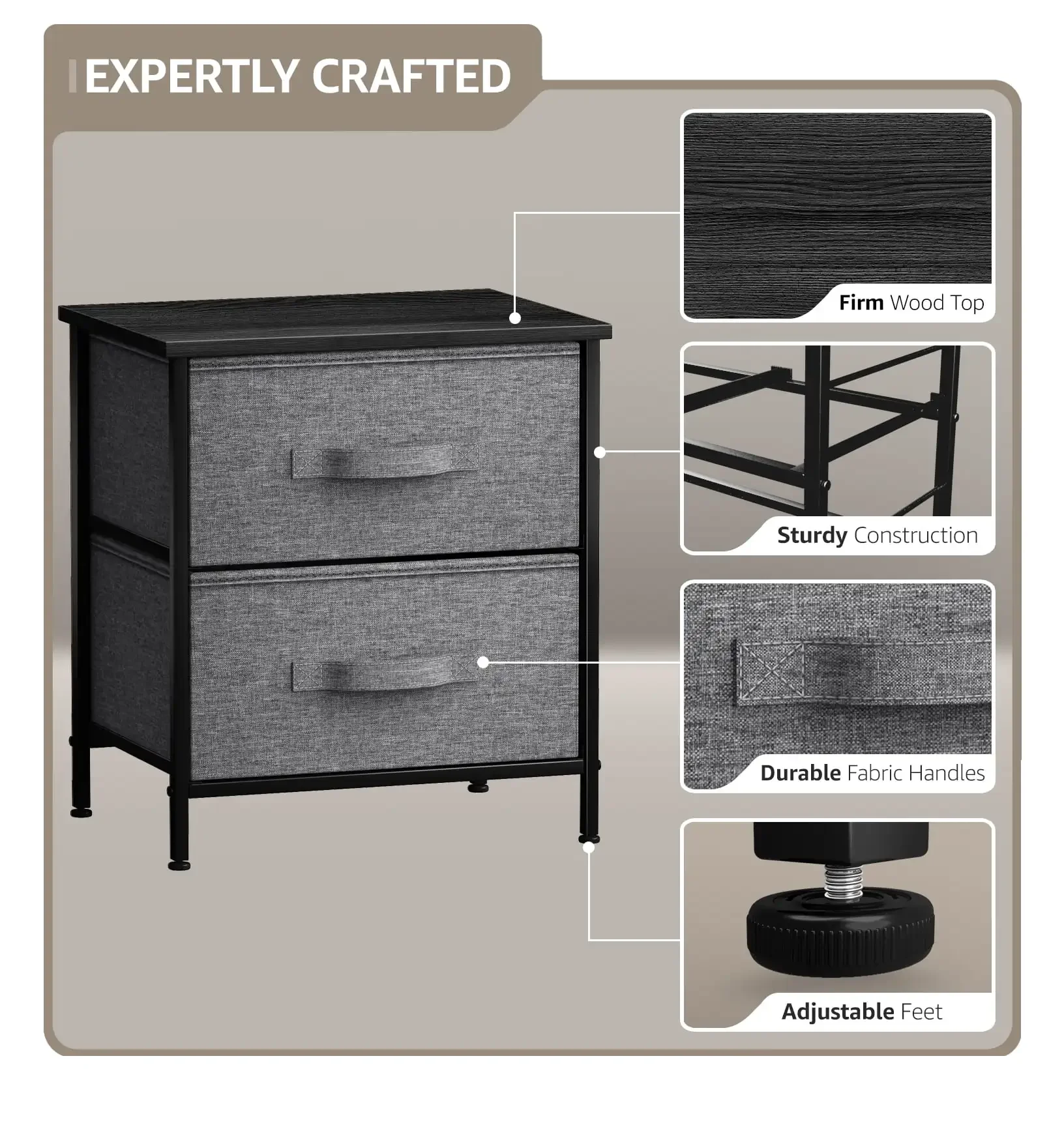 Classic Nightstand with 2 Drawers, Black