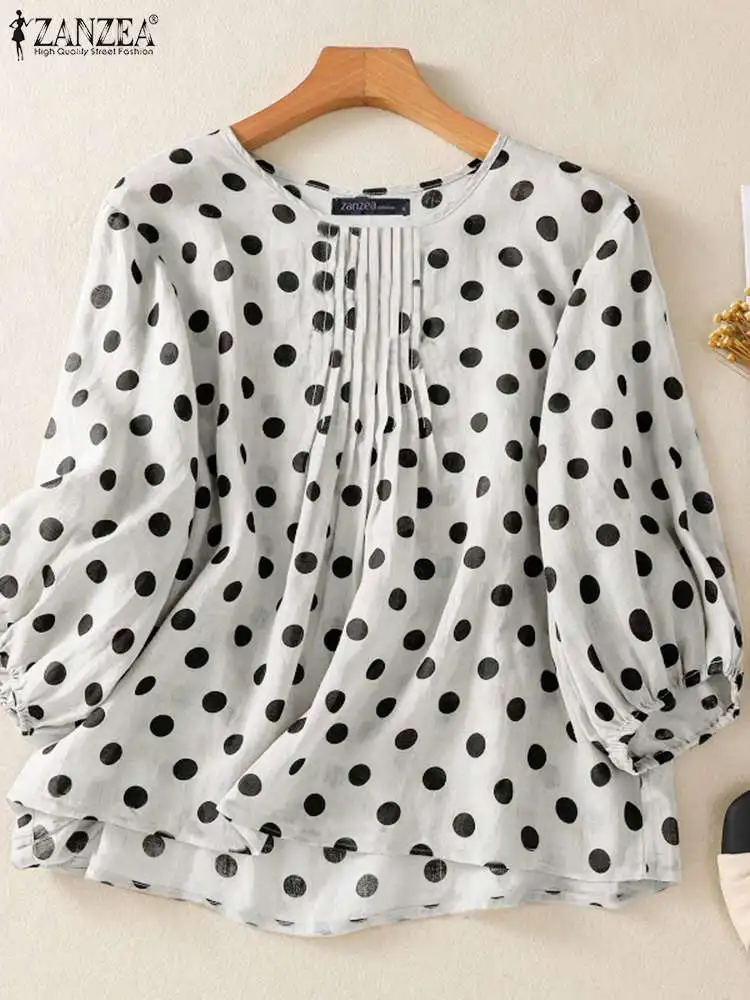 ZANZEA Autumn Shirt Women Bohemain Polka Dot Blouse Oversize Loose Holiday Tops Mujer Elegant O Neck 3/4 Lantern Sleeve Blusas