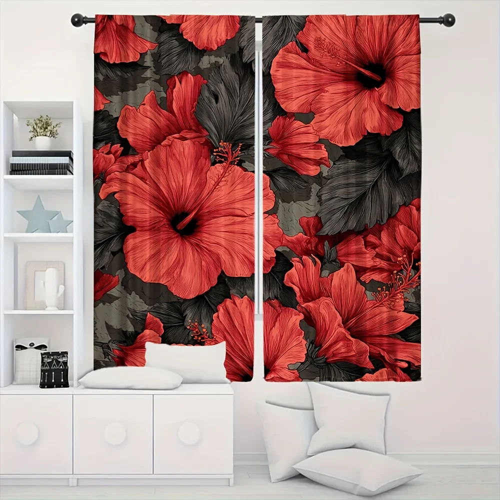 2pc Bold Red Hibiscus Floral Curtains for Living Room Window Decor Tropical Botanical Statement Curtain Pair