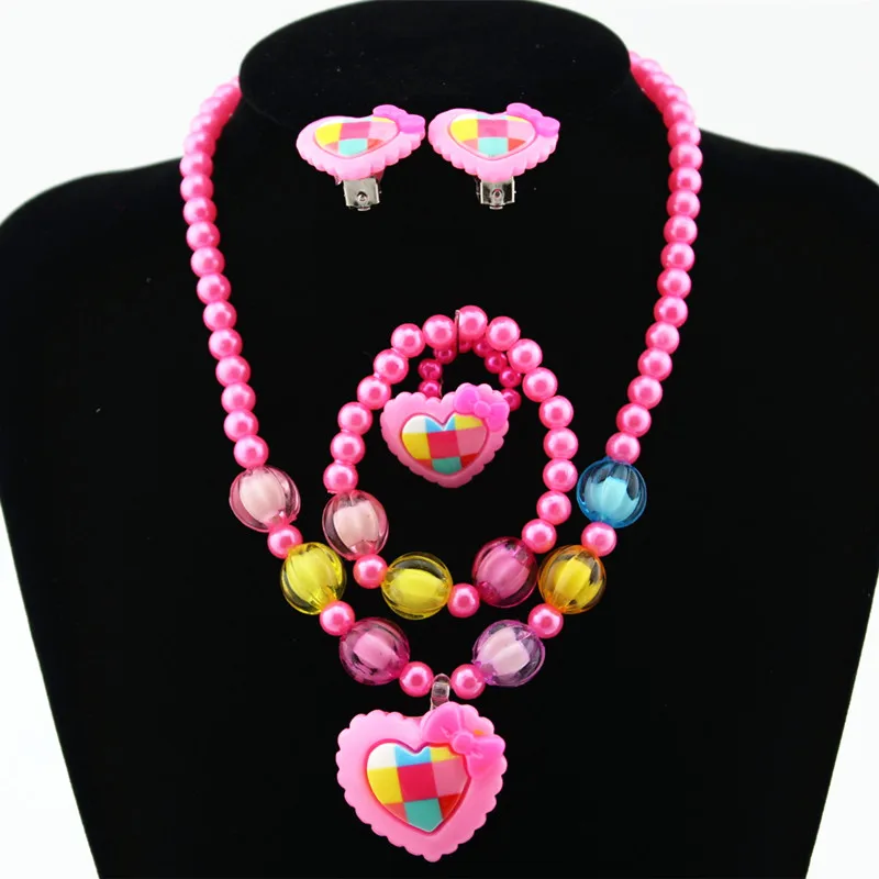 Imitation Pearls Beaded Jewelry Set Baby Girls Lovely Heart Necklace Heart Stud Earrings Kids Children Party Jewelry Gift