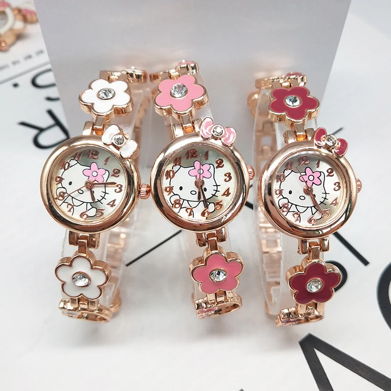 Miniso Anime Cartoon Sanrio Sweet Bow Hello Kitty Flowera Girls Student Quartz Watch Children Alloy Belt Watch Birthday Gifts