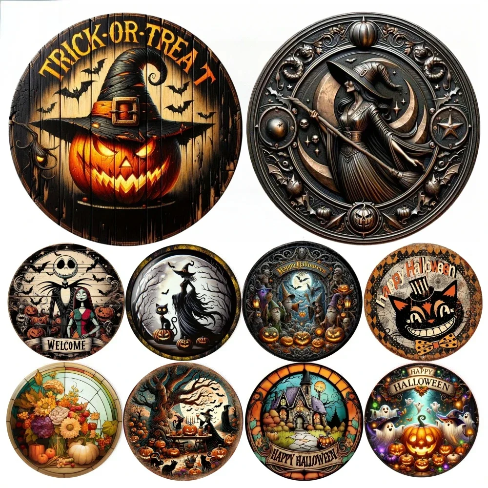 Round Metal Aluminum Sign Art Halloween Wreath Decorative Plates Entrance Decor Gift Mask Theme Bar Club Home Room Wall Decor