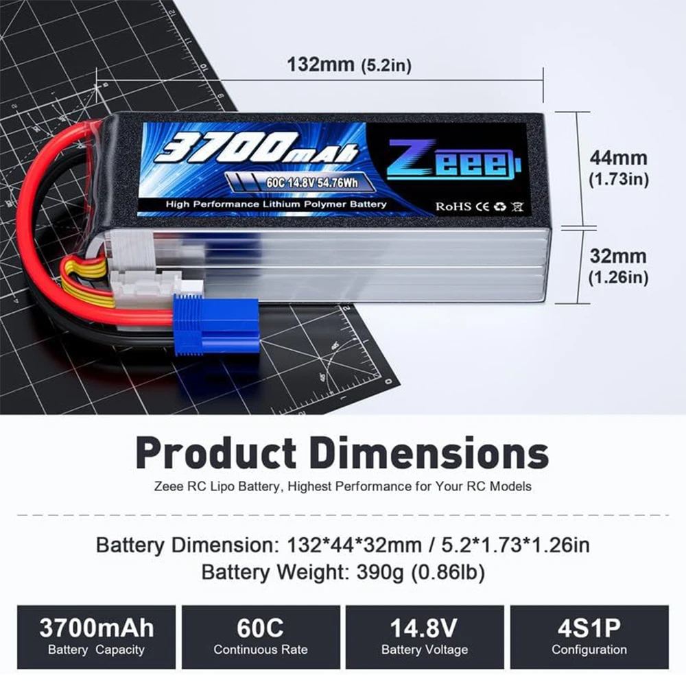 Zeee-Lipoバッテリー,ec5プラグ付き,14.8v,60c,3700mah,rcカー,fpvドローン,uav,飛行機,ヘリコプター部品,ボート,4s