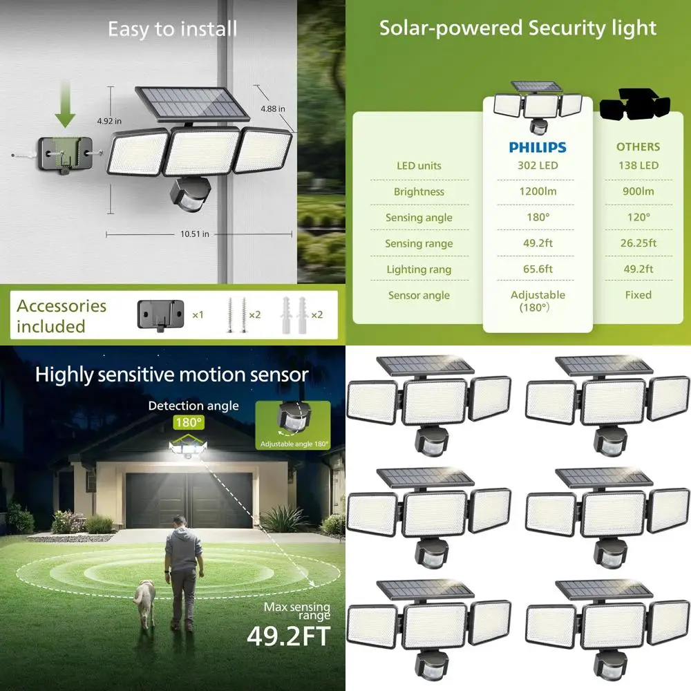 

Уличный настенный светильник на 302 светодиодах, 1200 лм, водонепроницаемый, с датчиком движения PIR, 3 режима, класс защиты IP65, 6 штук в упаковке