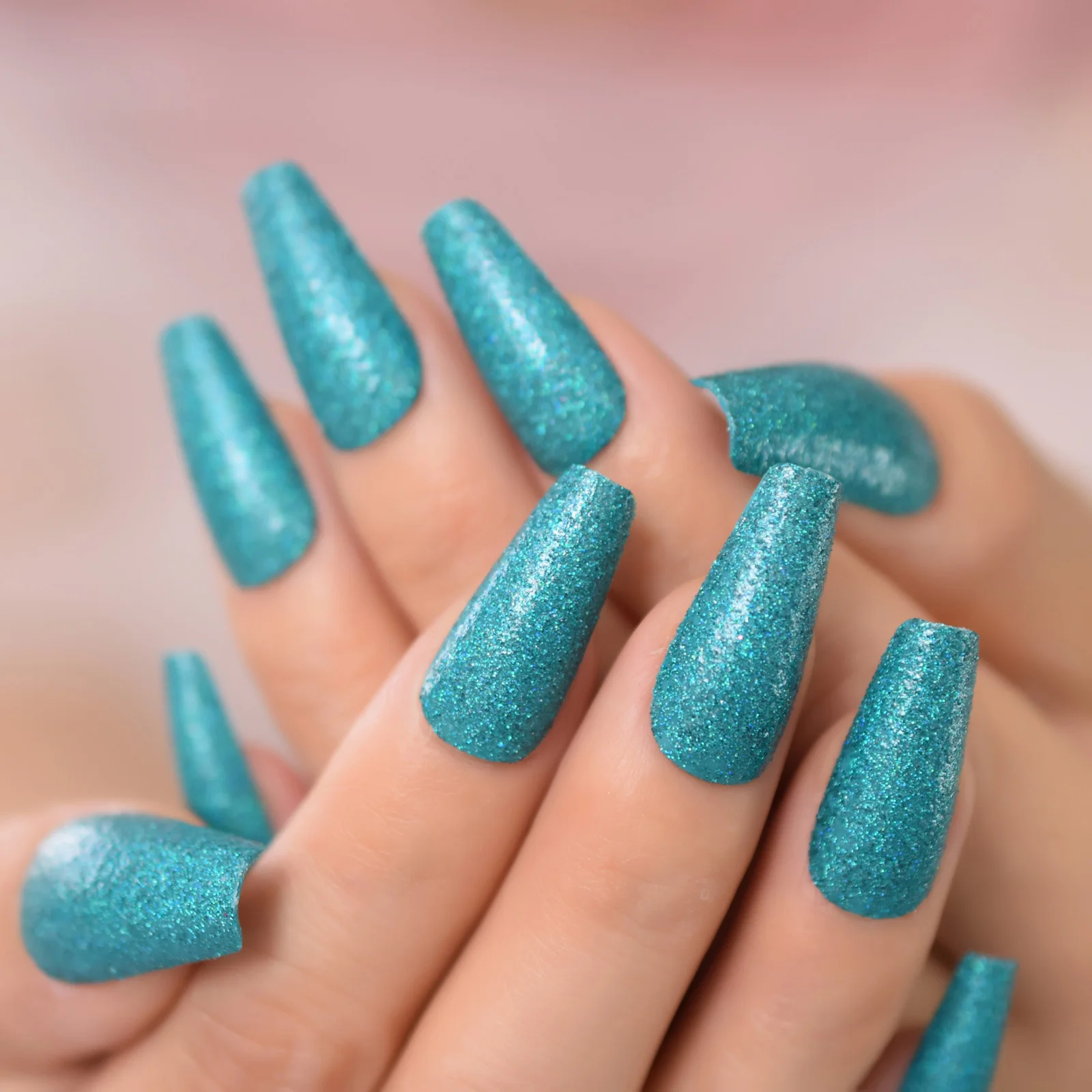 24pcs Dazzle Holographic Turquoise Glitter Press On Nails Long Coffin Acrylic Nails