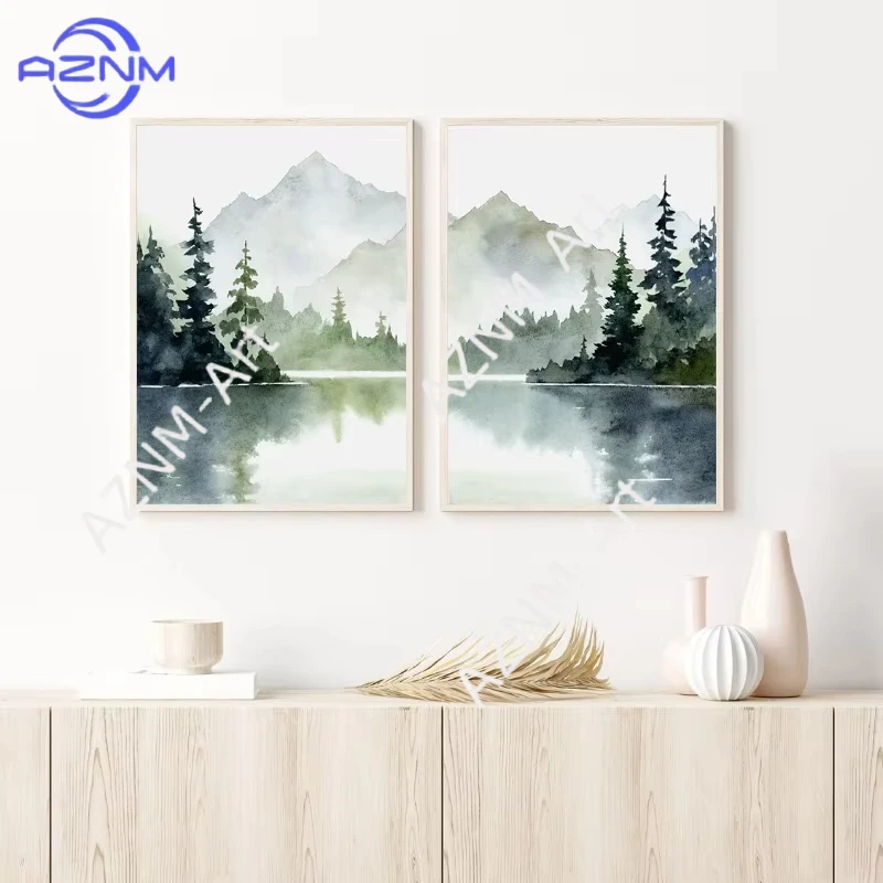 1PC ，Misty Mountain Lake Watercolor Posters Prints Teal Foggy Forest Tree Canvas Painting Wall Art Picture for Living Room Home