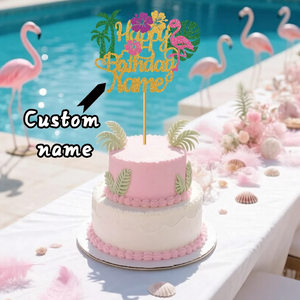 Personalized Glitter Flamingo Hawaiian Cake topper Custom Name for Summer Flamingo Birthday Celebration Party Cake Decoration