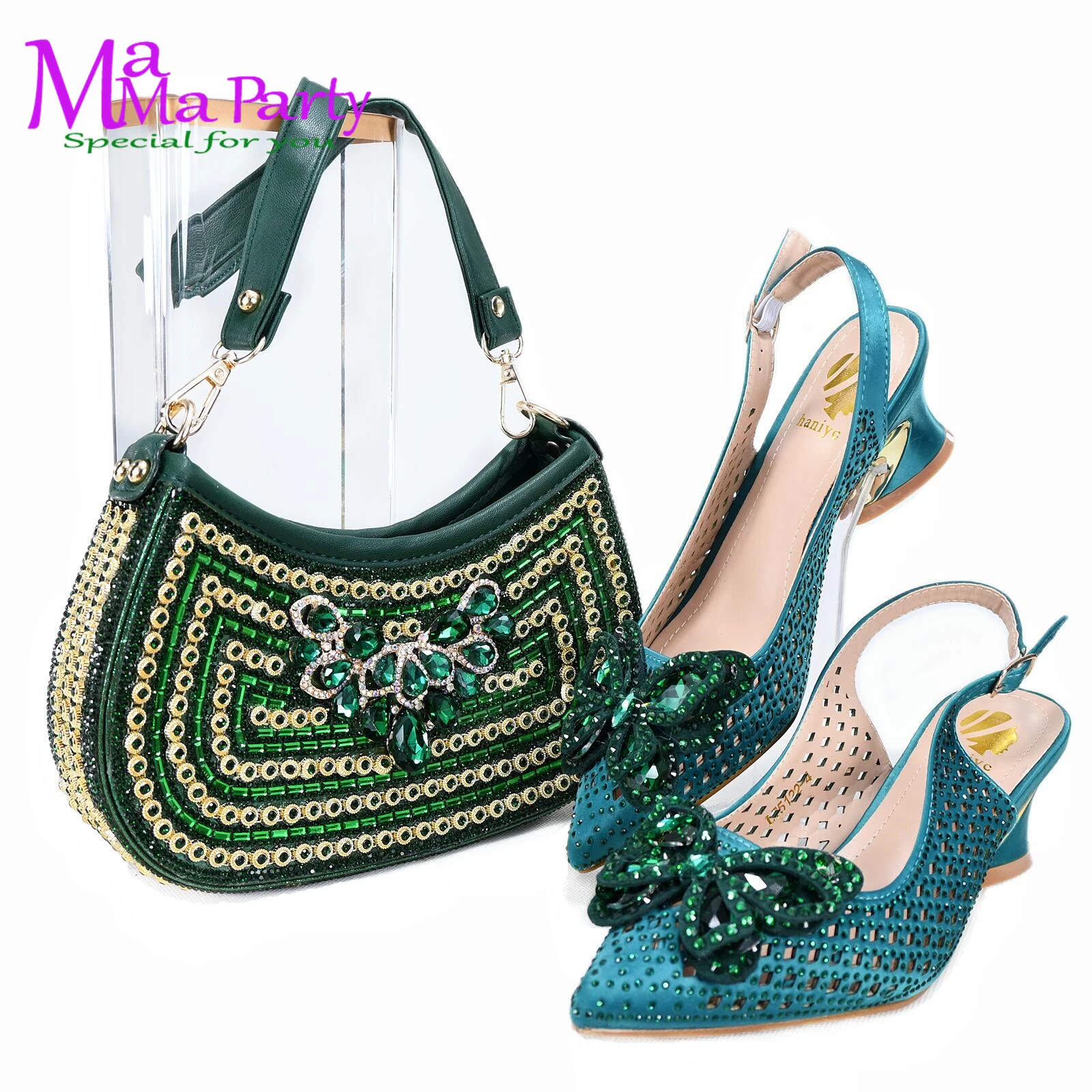 High Quality 2024 Summer New Design in Royal Blue Color Classics Style Italian Women Shoes and Bag Set with Crystal for Wedding