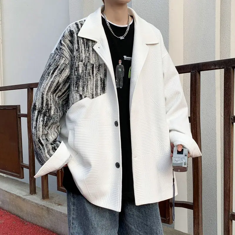 Plus Size Men Casual Blazer 2026 Varsity Patchwork Loose Fit Autumn Winter Jacket Men's College Style Outerwear Coat