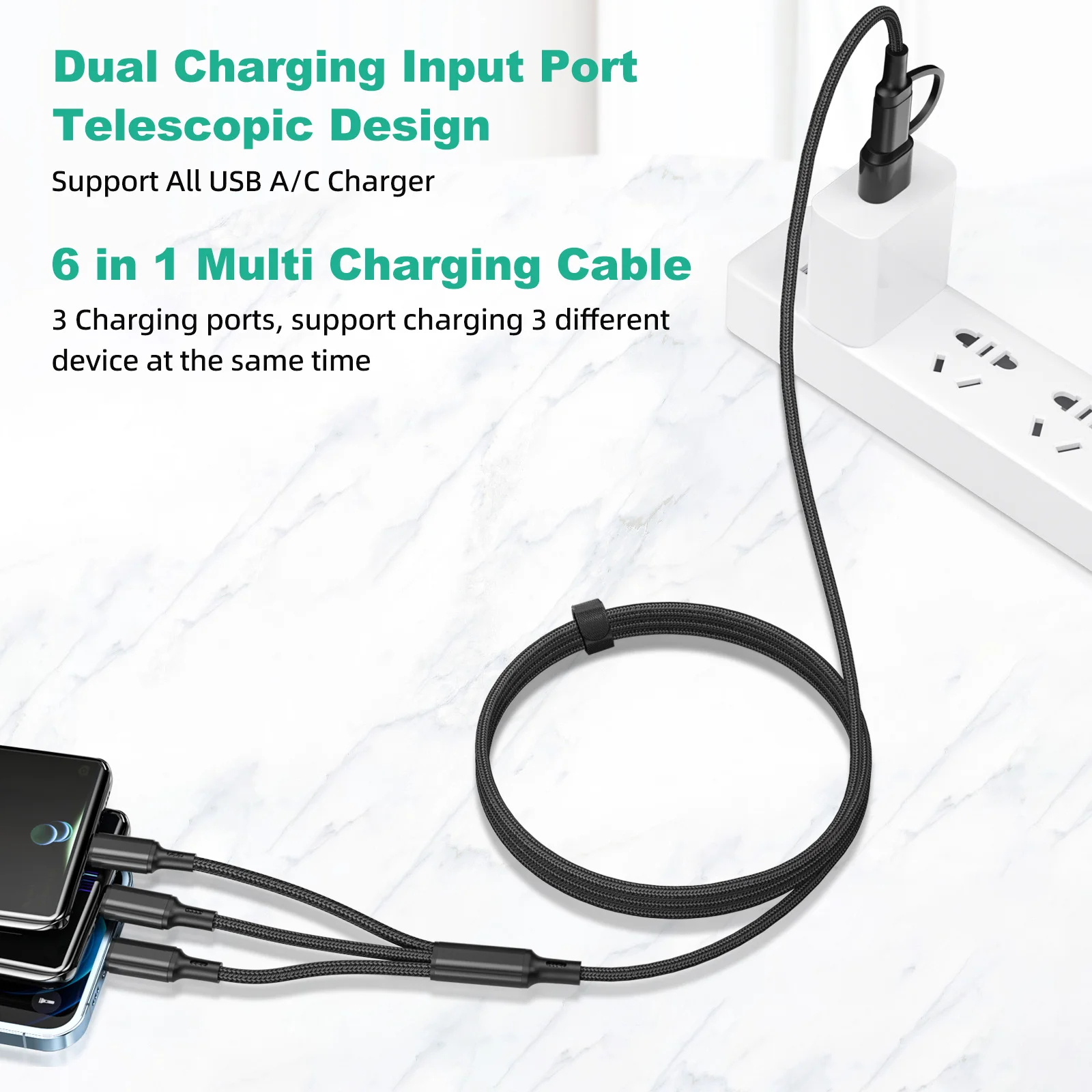 5 In 1 Fast Charging Cord For iPhone Huawei Micro USB Type C Charger Cable 1.2m Multi Usb Port Multiple Usb Charging Cord Line