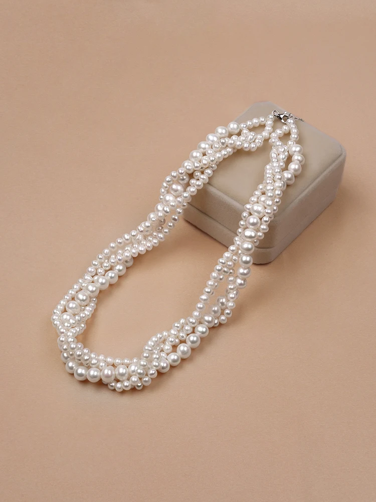 3rope 4-5mm with 1rope 8-9mm flawless 925sliver ture nature freshwater Pearl classic necklace for Women Girl's choker jewelry