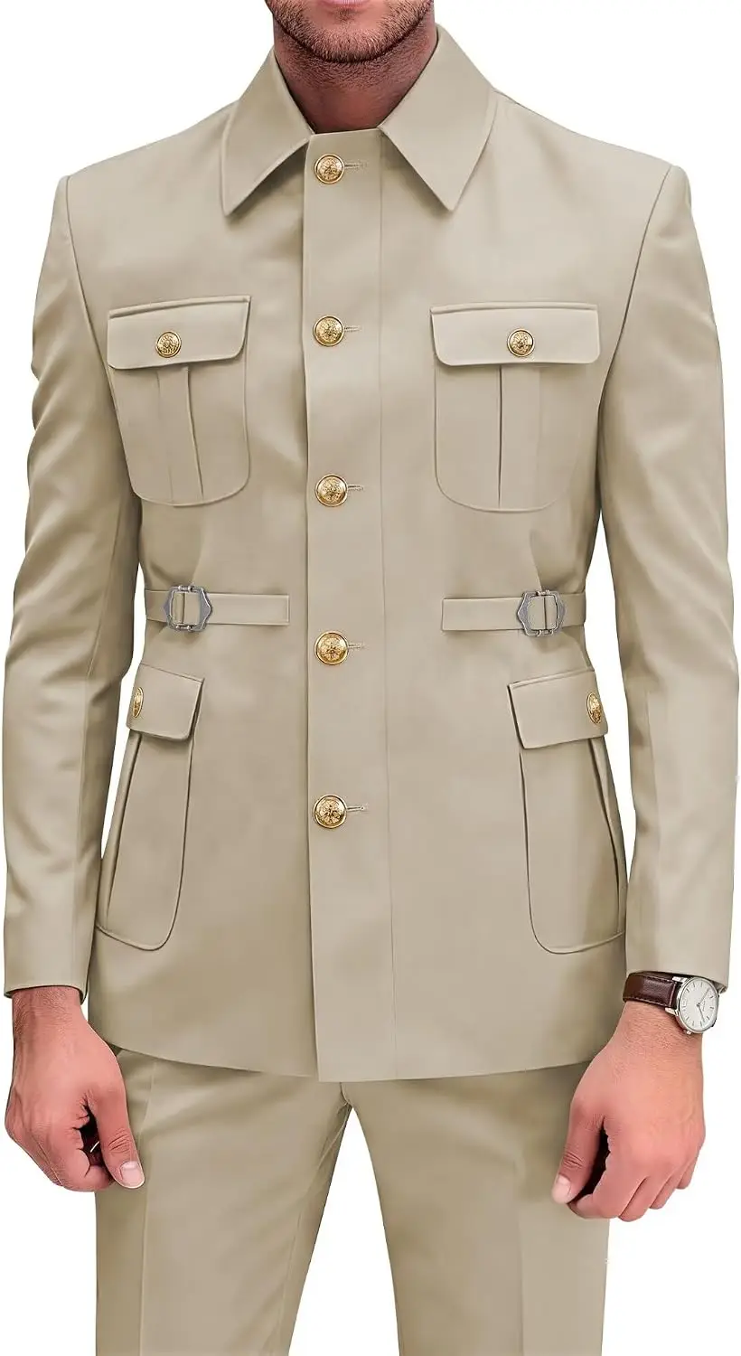 Chinese Suit for Men Stand Collar Safari Suits 2 Piece Slim Fit Wedding Party Gold Button Blazer Pant Set