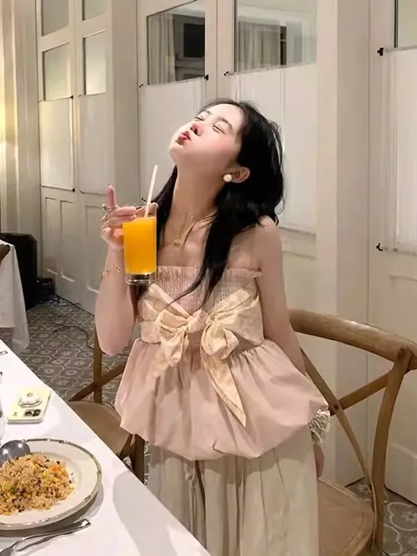 

Korean Style Knot Sweet First Love Casual Crop Top High Waist Pants Summer Outfit Two Piece Set Fashionable Women's...