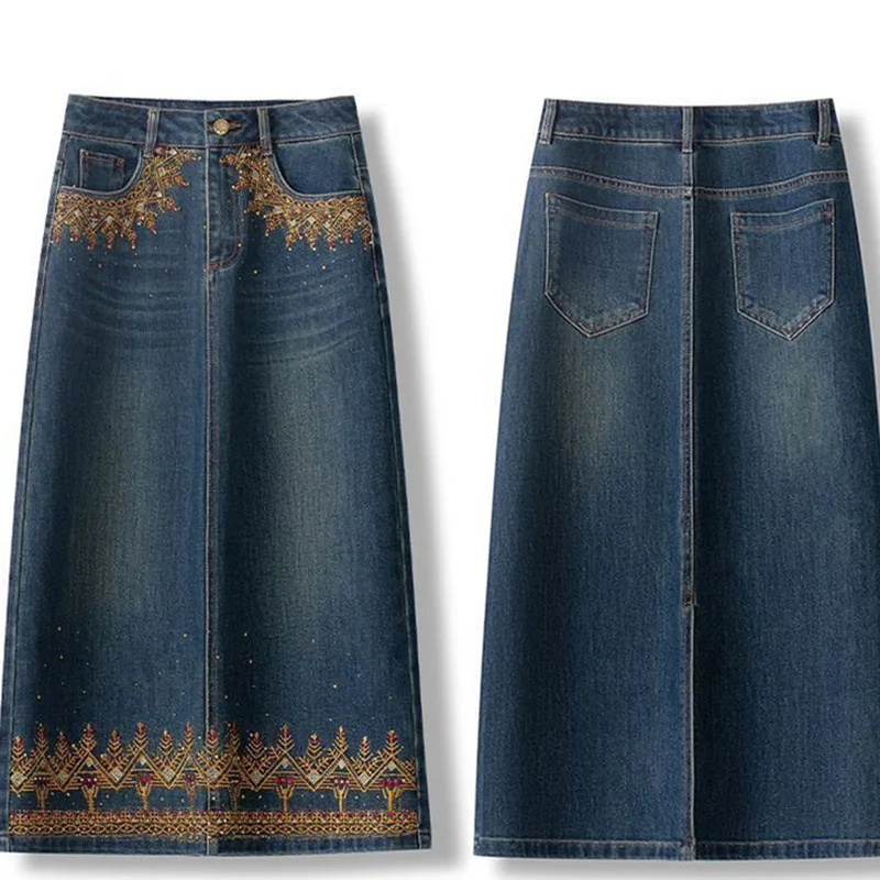 

Джинсовая юбка с вышивкой, горячее сверление, женская весенне-осенняя новая эластичная талия, Джокер, трапециевидные юбки с запахом ягодиц для женщин