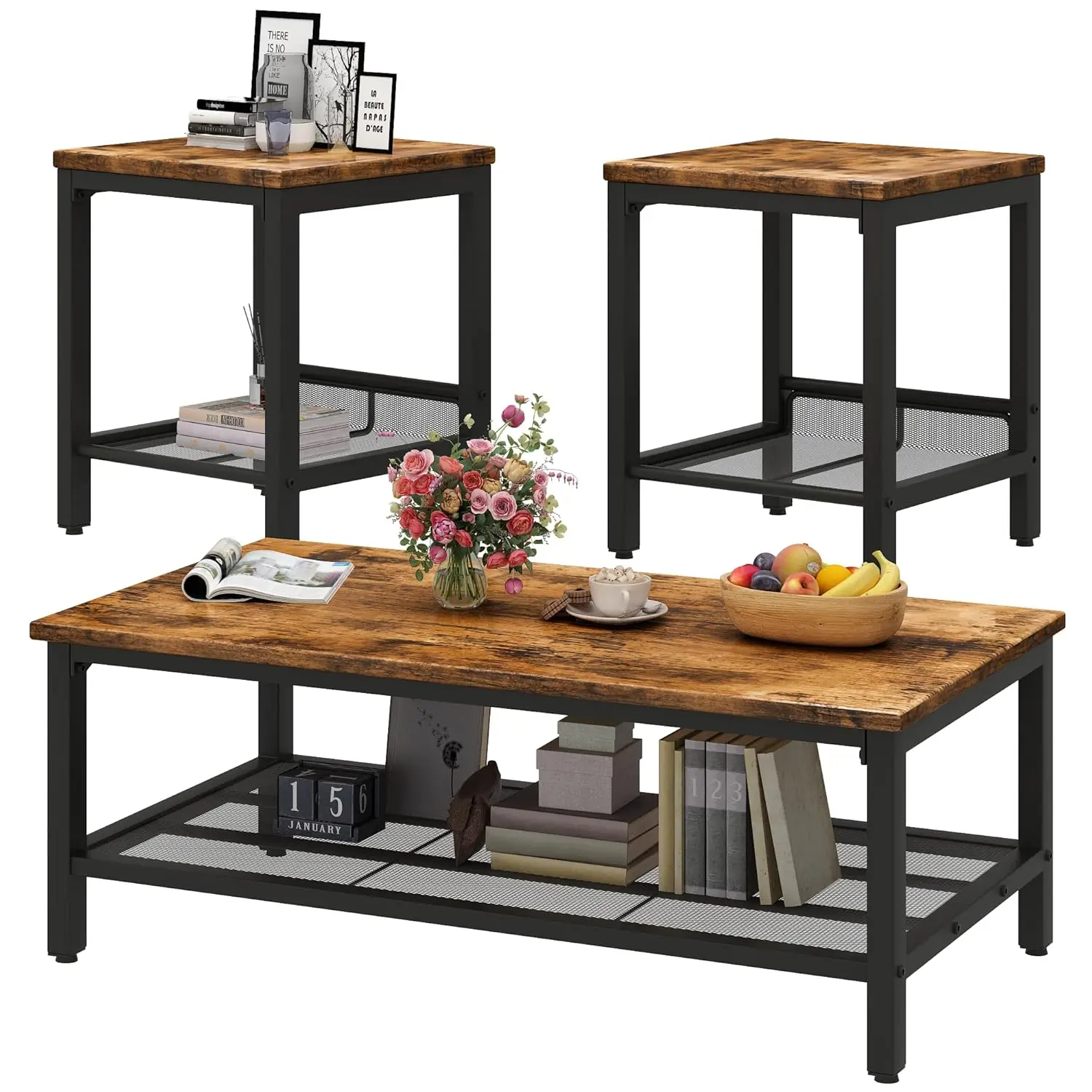 

Vintage Wood Coffee Table & 2 End Tables Set Industrial Square Living Room Apartment Home Office Rustic Brown Customized