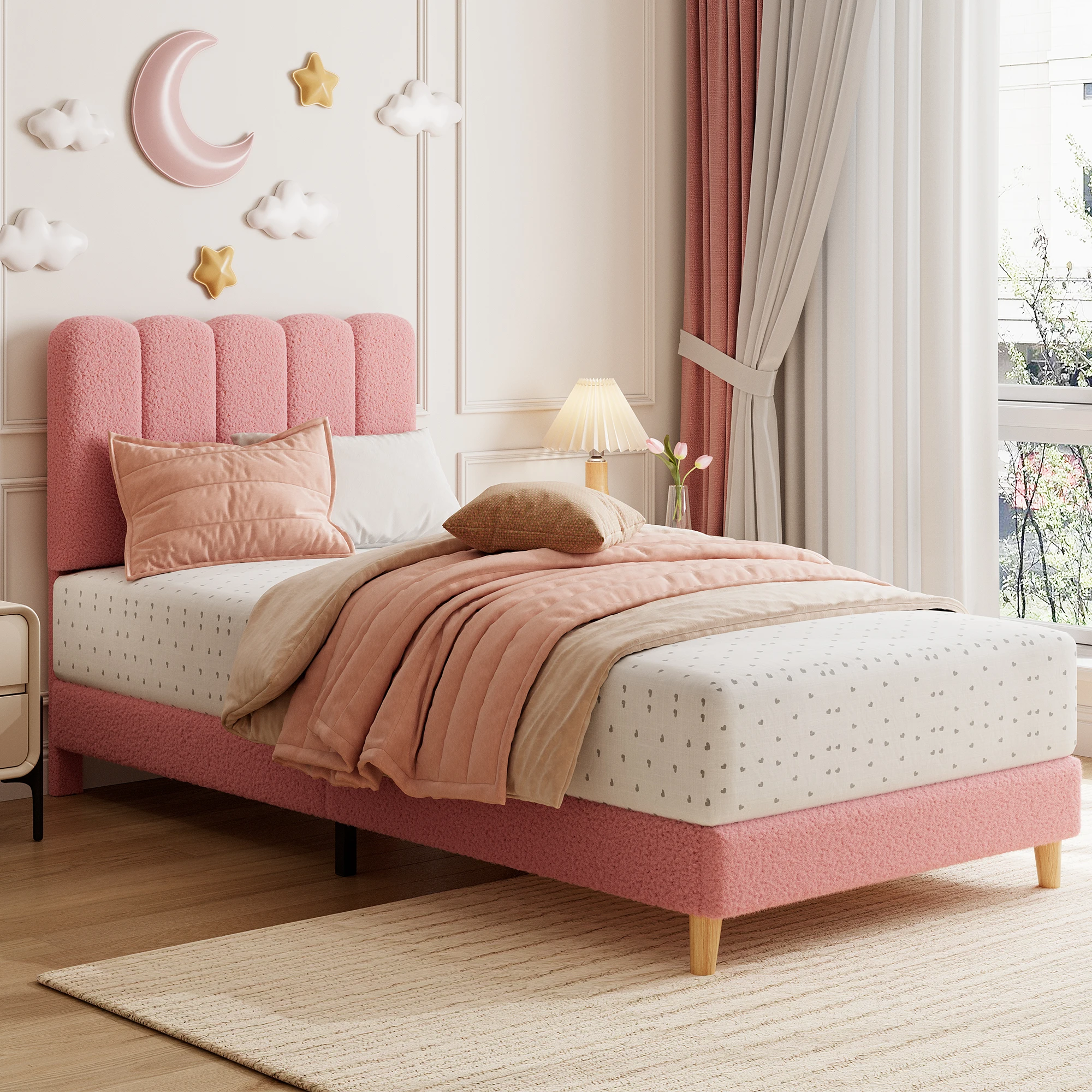 

Upholstered Twin Bed Frame,Velvet Platform Bed with Wave Headboard for Girls/Boys/Kids,No Box Spring Needed,Noise Free