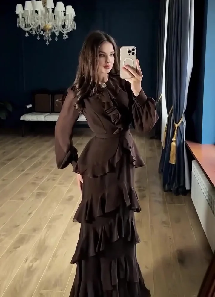 Elegant Solid Layered Ruffle Long Dress Women O Neck Long Sleeve Belt Chiffon Maxi Dress Autumn Wedding Guest Evening Party Robe