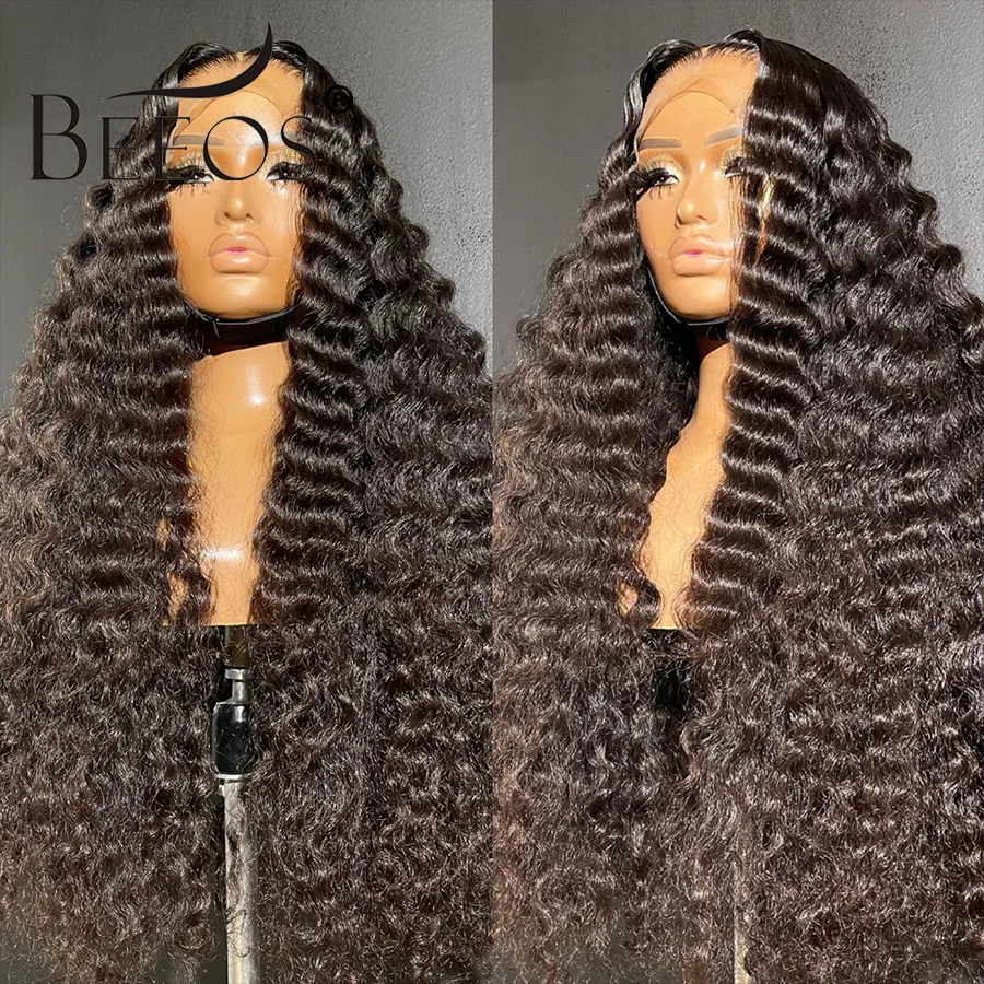 BEEOS-Onda Profunda Peruca de Cabelo Humano, Perucas Glueless, Lace Encerramento Peruca, Parte Profunda, Pronto para vestir, 5x5 HD, 6x6, 7x7, 100% Cabelo Humano, 34 em