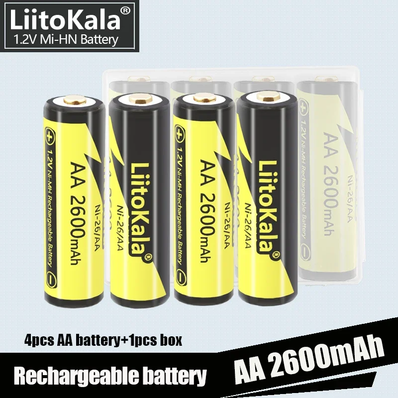 4PCS LiitoKala AA Battery 2600mAh 1.2V 2A Ni-Mh Double A Rechargeable Batteries And 1PC  Flashlight Toys  Case Boxes