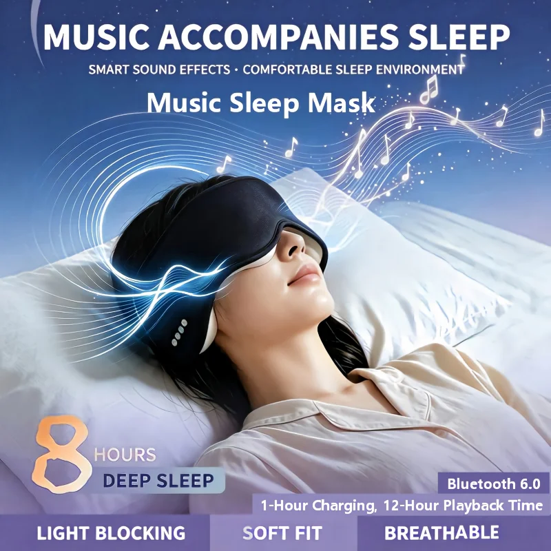 Bluetooth Music Sleep Mask, 3D Light‑Blocking Eye Mask, Soft Comfortable Sleeping Headset for Travel Flight Office Classroom Mid