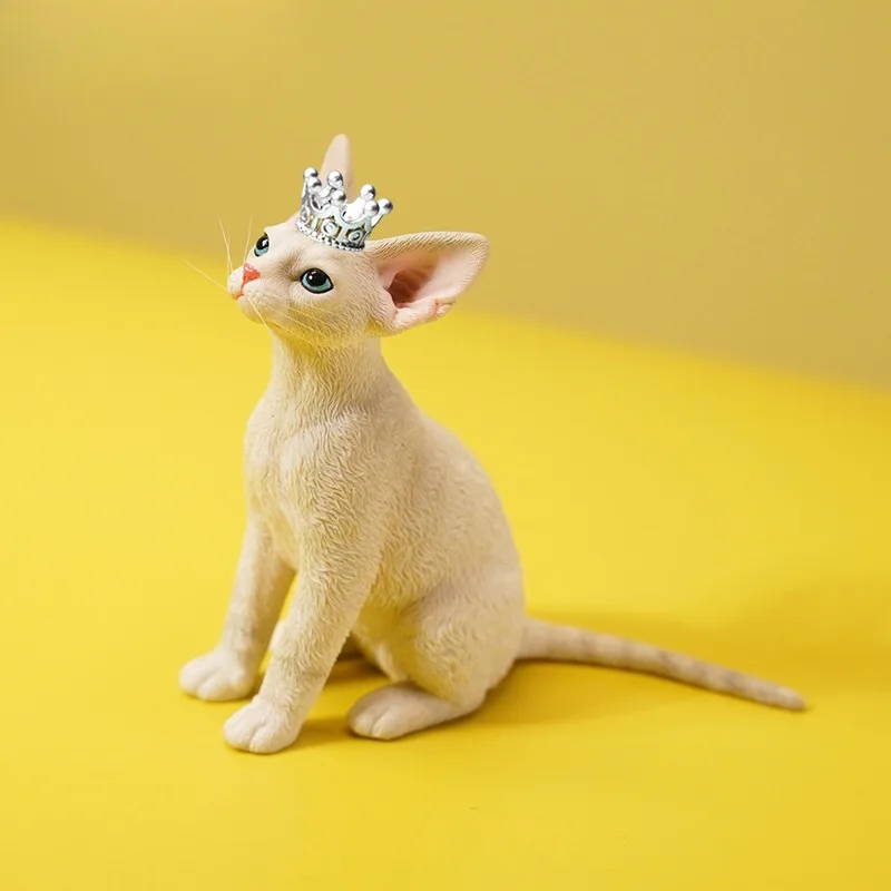 JXK 1/6 Scale German Wirehair Cat Resin Model Toys Simulated Animal Lovely Pet Doll with Crown Brick Model Accessory