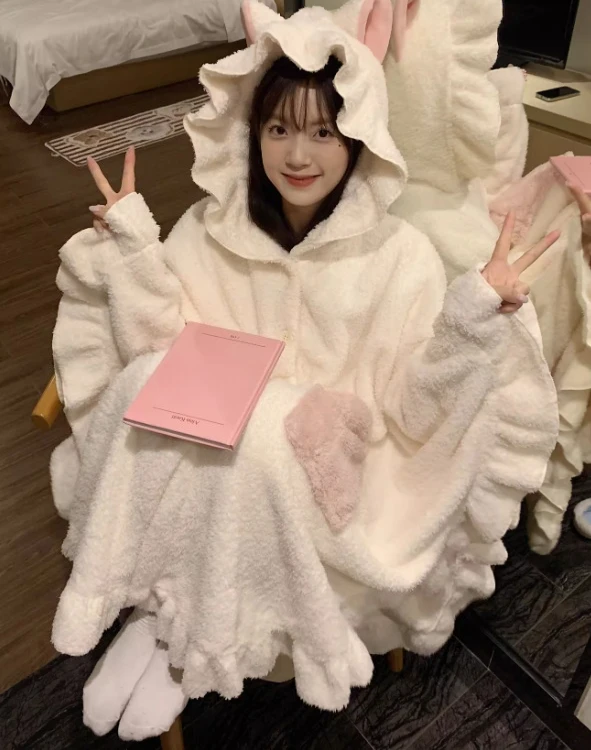 حجم كبير المرأة سميكة مقنعين ثوب النوم الخريف الشتاء لطيف المرجان الصوف كيب منامة موضة فضفاضة تنوعا المتسكعون مجموعة #3