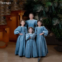 Verngo Blue Velvet Girl Flower Dress High O Neck Puff Long Sleeves Birthday Party Dress A Line Ball Long Banquet Gown Customized