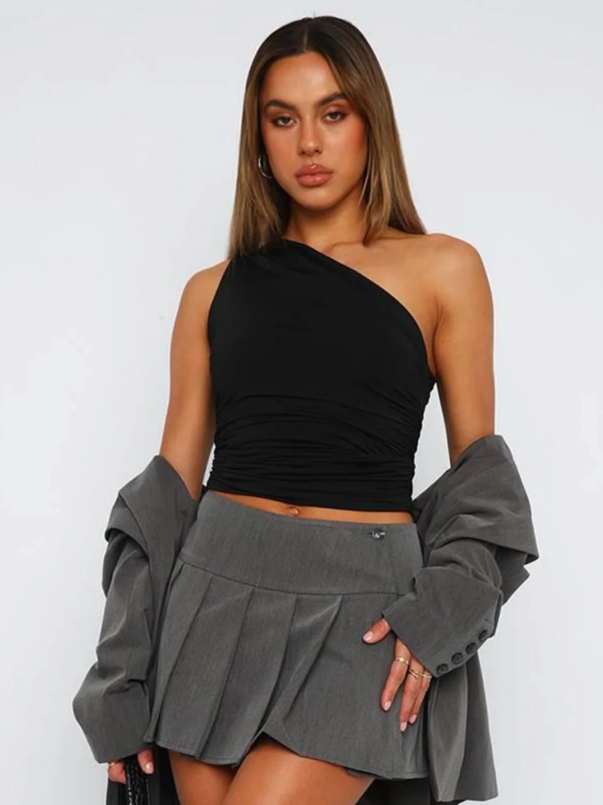 Women's Single Shoulder Open Back Pleated Vest Top T-shirt Street Style Summer Fashion Pure Color Polyester Fiber Ultra-Short...