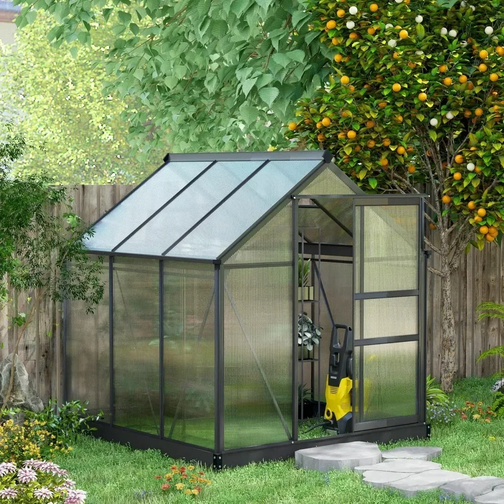 6' x 6' x 6.5' Polycarbonate Greenhouse, Heavy Duty Outdoor Aluminum Walk-in Green House Kit with Rain Gutter, Vent and Door