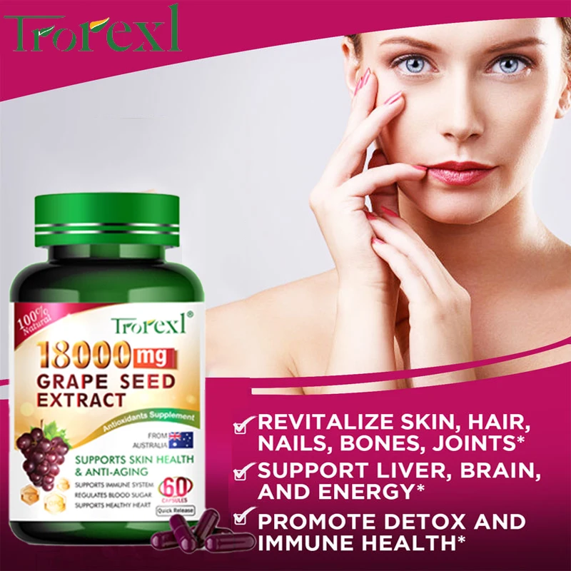 Grape Seed Extract Capsules, 18,000 Mg Strength, Anti-Oxidant, Neutralizes Damaging Free Radicals, Supports Immune Health