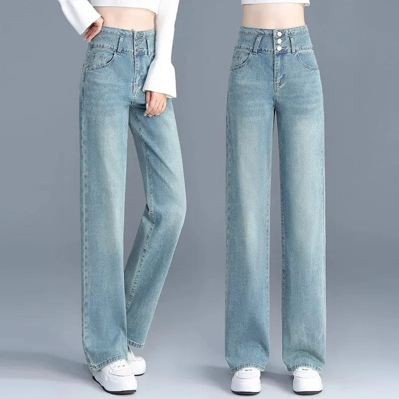 

Women's Denim Pants Spring and Autumn Fleece-Lined Petite Autumn Pants Vintage Slim Straight-Leg Pants
