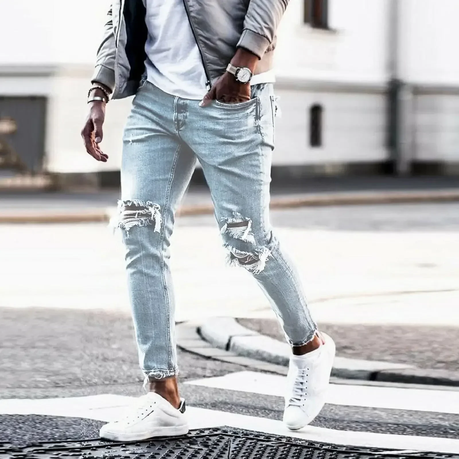 Celana Denim Jeans Celana Panjang Pria Celana Lurus Saku Reguler Kasual Sambungan Ritsleting Sederhana Pinggang Tinggi Solid Berlubang 2024
