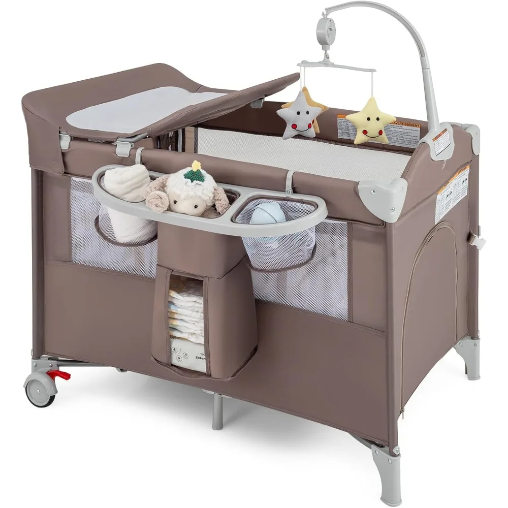 

5-in-1 Pack and Play, Portable Baby Bedside Sleeper with Bassinet, U-Shaped Diaper Changer, Safety Strap, Side Zipper Entrance,