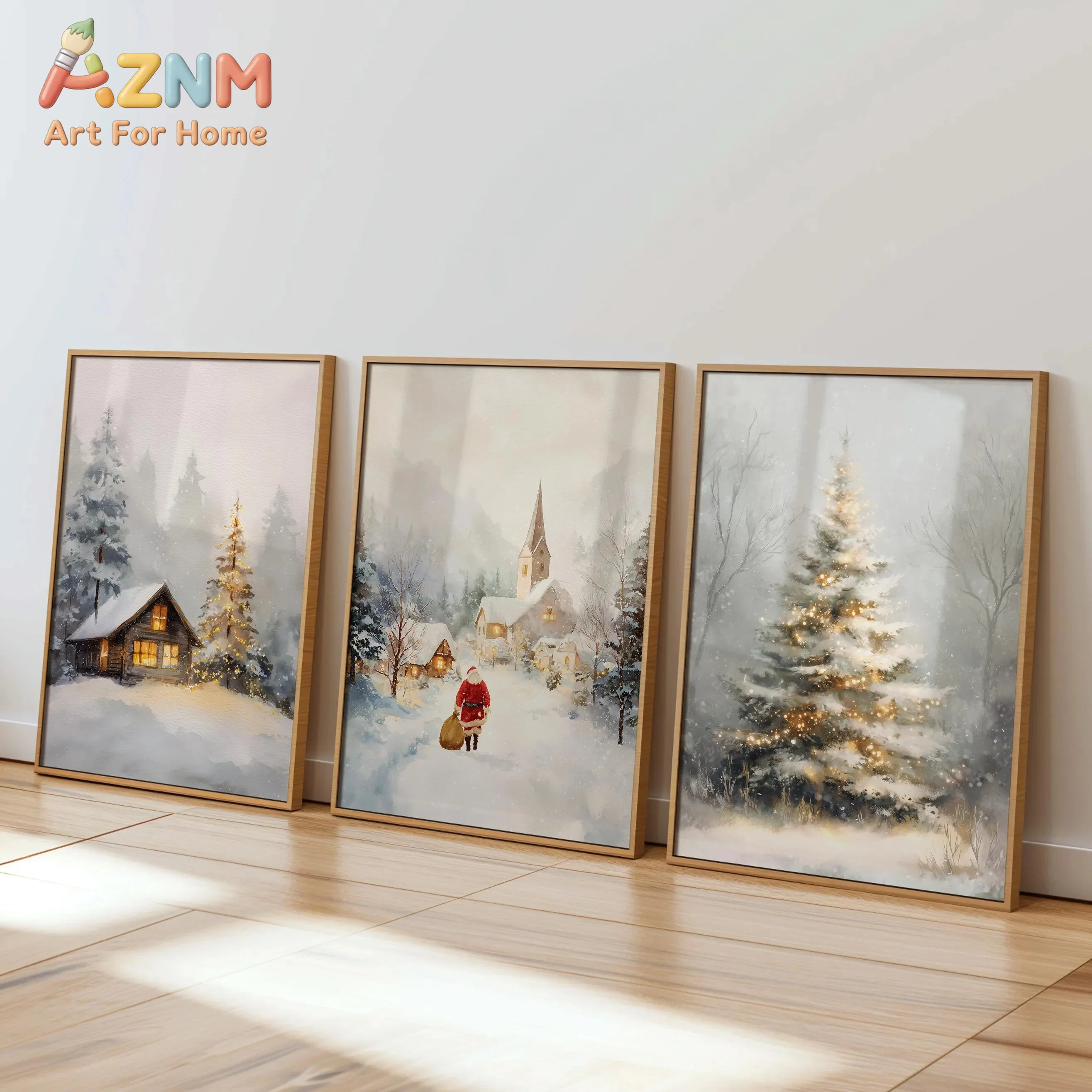 AZNM Frameless 2D Flat Watercolor Winter Snow Scene Santa Claus Cabin Christmas Tree Canvas Print, Reusable Soft‑style European