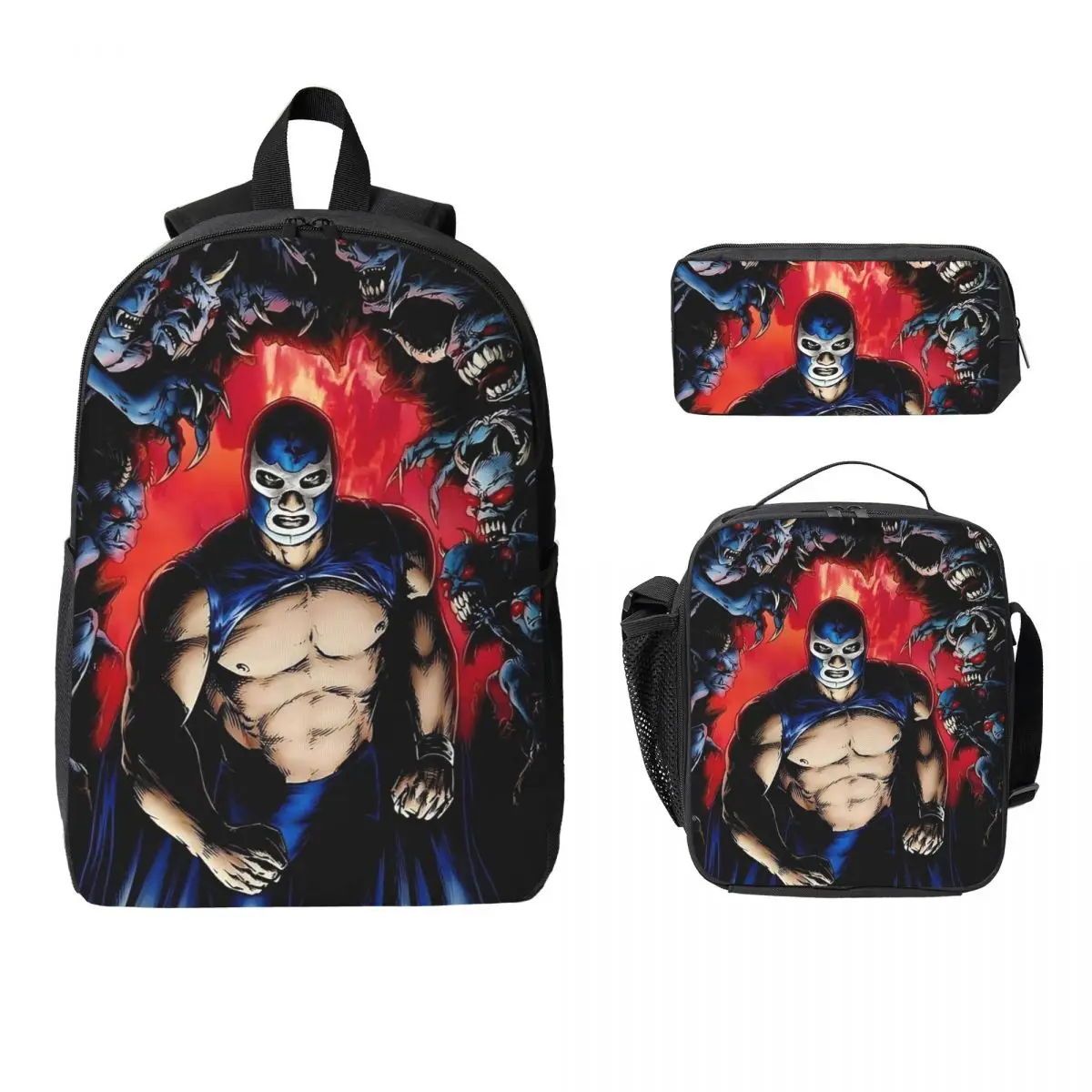 

Colorful Mexican Wrestler Luchador Backpack BookBag School Bag Computer Shoulder Bags 3ps Insulated Lunch Bag Pencil Case
