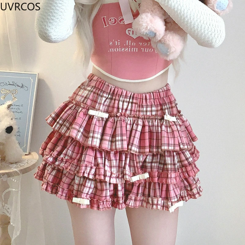 Japanese Kawaii Plaater JK Short Skirts Harajuku Y2k Lolita Style Layer Upon Layer Cake Skirts Women Sweet Cute Bow Skirt Shorts