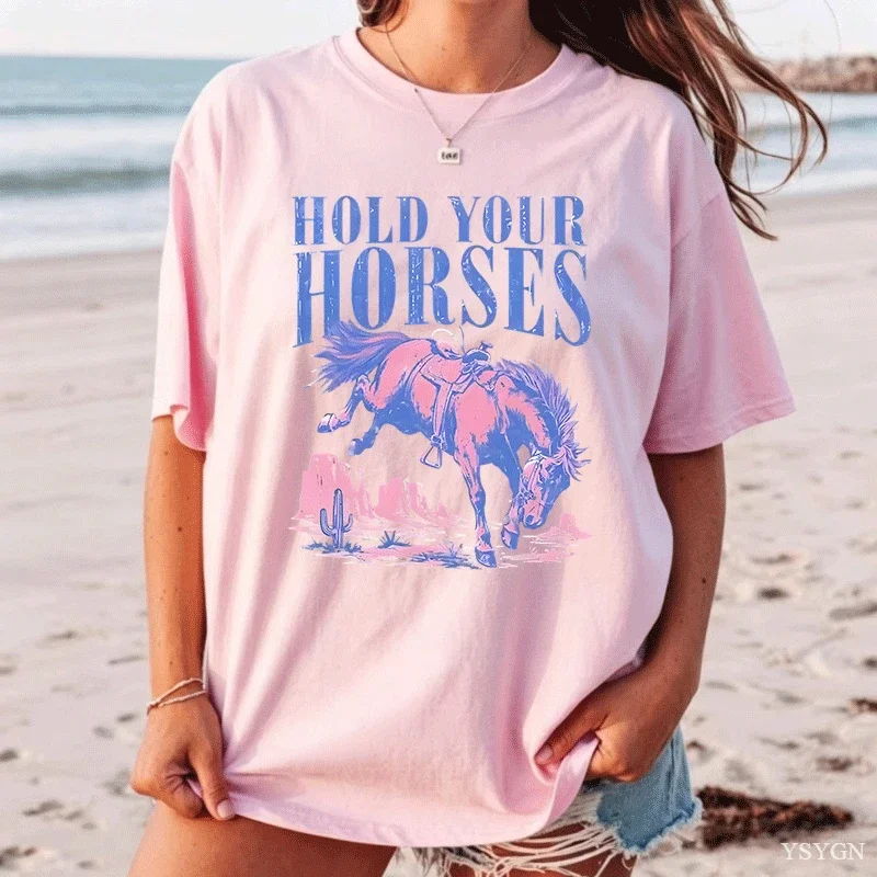 Hold Your Horses T Shirt Trendy Cowgirl Graphic Tee Funny Horse Tshirt Western Short Sleeve Country Concert Tee Streetwear Tops