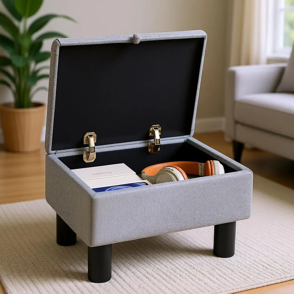 

Сине-серый льняной пуф с местом для хранения, 16x12x9,5 дюймов, деревянные ножки, подходит для гостиной или общежития