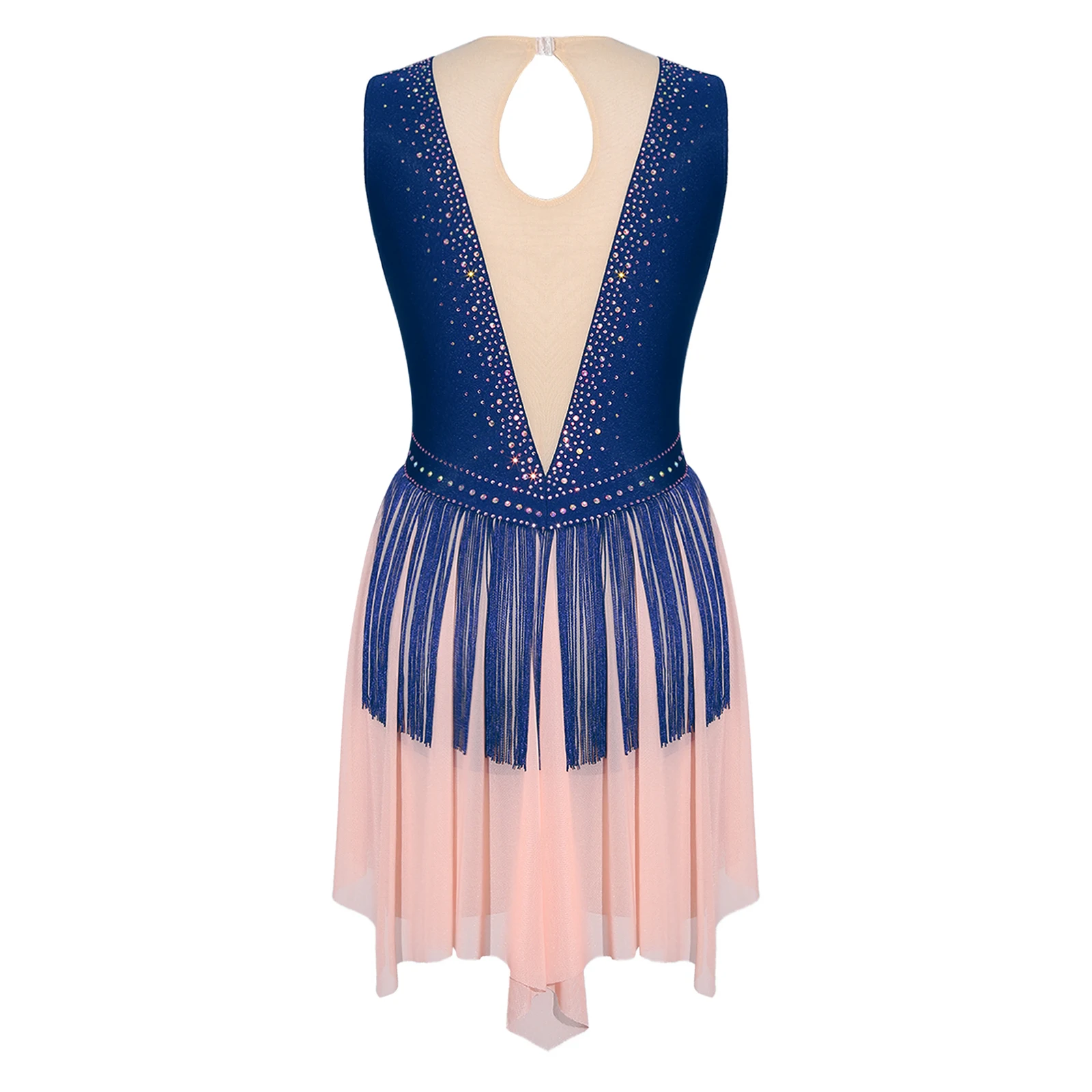 Abito da ballo latino per balletto per ginnastica da donna, costumi di pattinaggio di figura, strass, nappe, senza maniche, abiti in rete di colore a contrasto