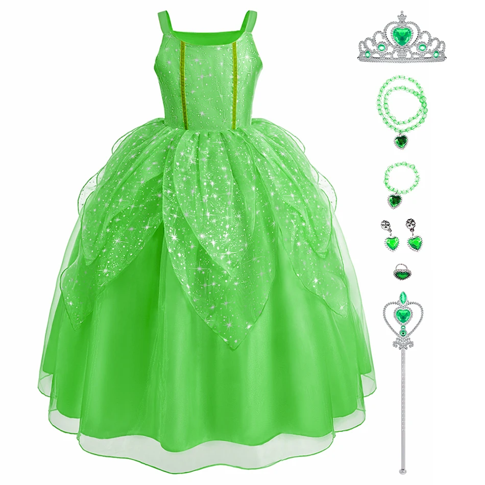 

Baby Green Mesh Ball Gown Dress Halloween Girls Fairy Dresses Princess Dress Kids Christmas Forest Elf Queen Cosplay Costume Set