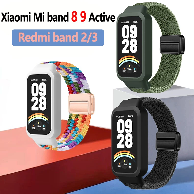 Case+Braided Strap for Xiaomi Smart Mi band 9 8 active accessories sports magnetic Nyon bracelet correa+Cover for Redmi band 3 2
