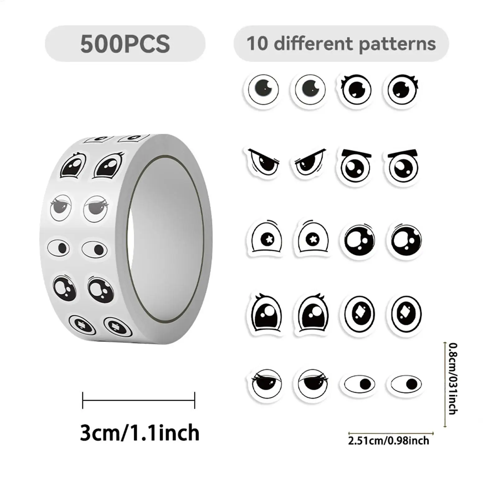 500Pcs Cute Cartoon Eye Stickers Roll Assorted Expression Decals for DIY Craft, Classroom School Teacher Stationery Book Decor